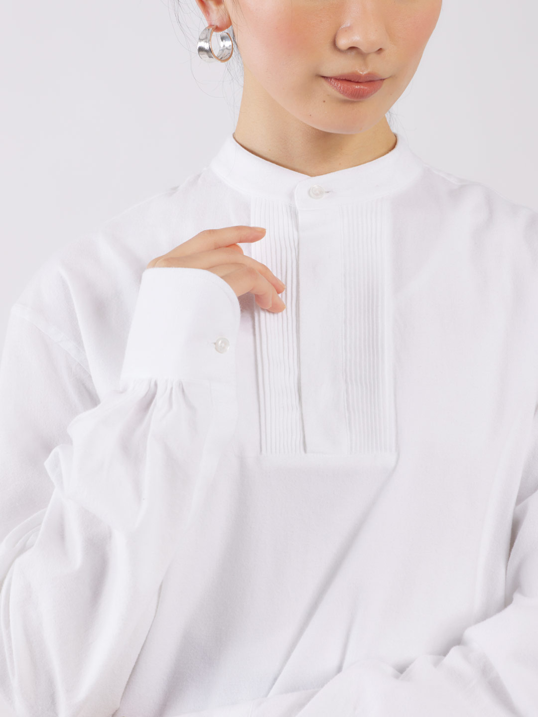 Lavis Flannel Band Collar Shirt - White