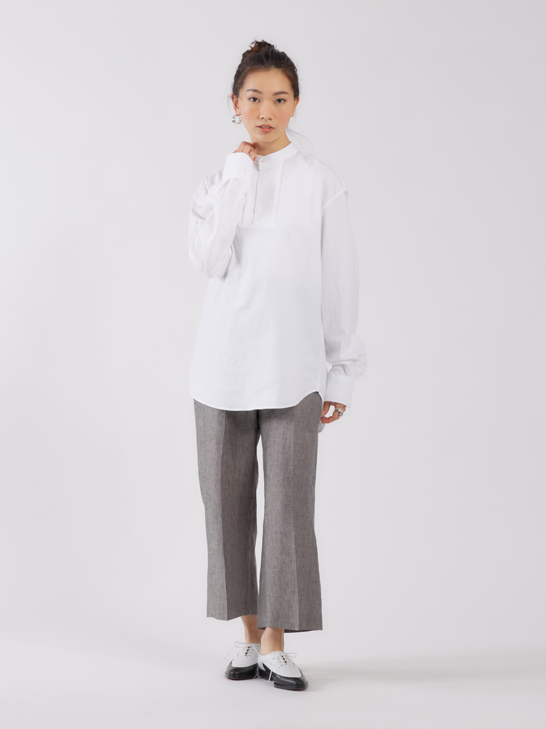 Lavis Flannel Band Collar Shirt - White