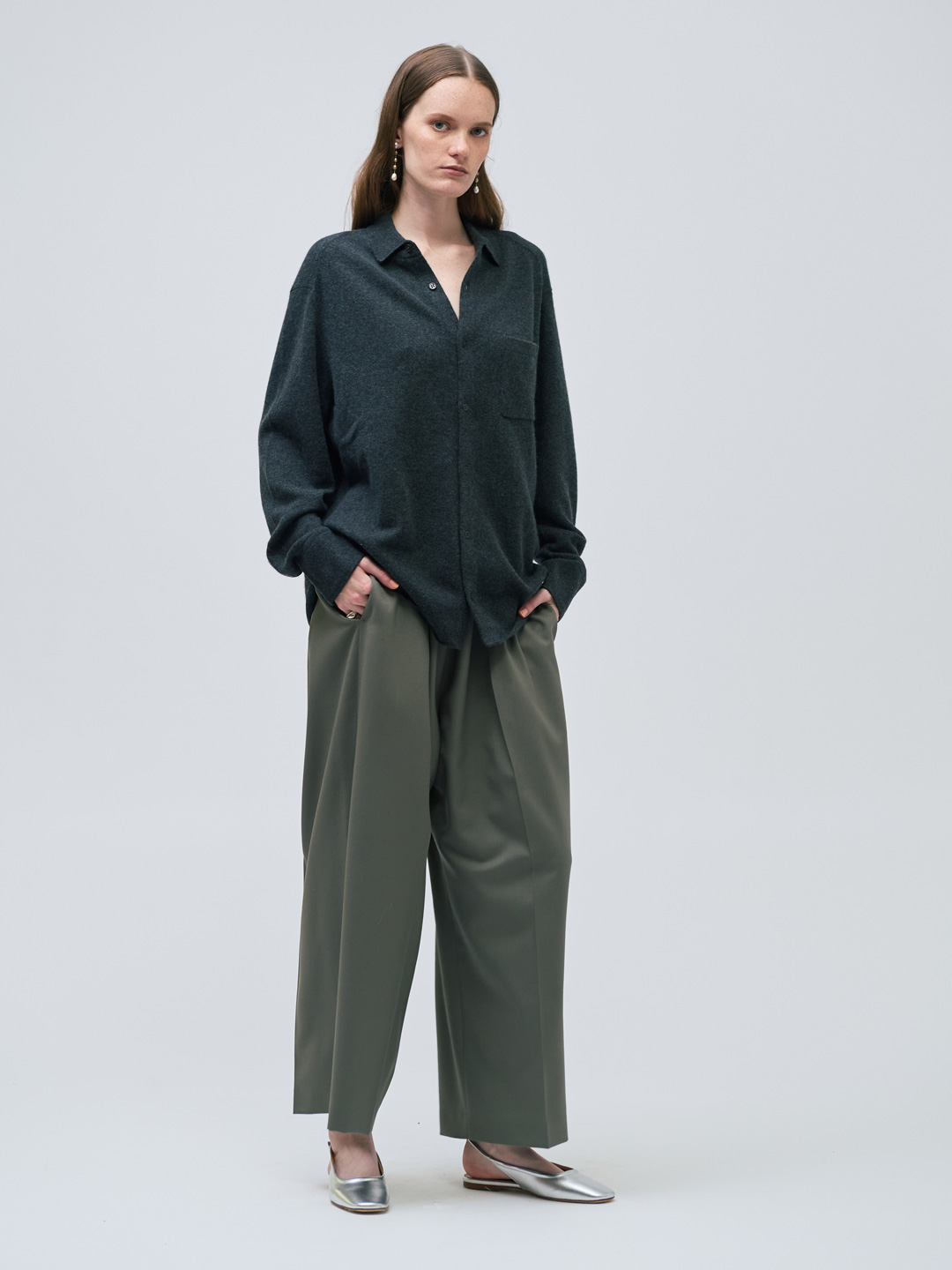 POSTELEGANT ポステレガント　ダークグレー ゴムウエスト スラックス POSTELEGANT(ポステレガント) | コットン ウール パジャマパンツ