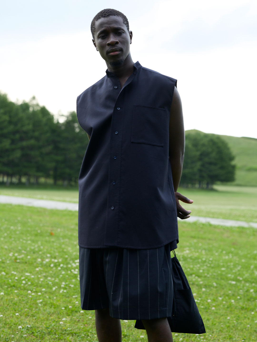 Fine Wool Rever No Sleeve Shirt - Navy