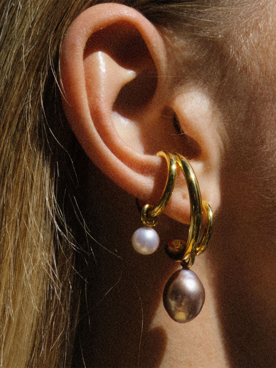 Pearl Triplet Pierced Earring RIGHT - Yellow Gold