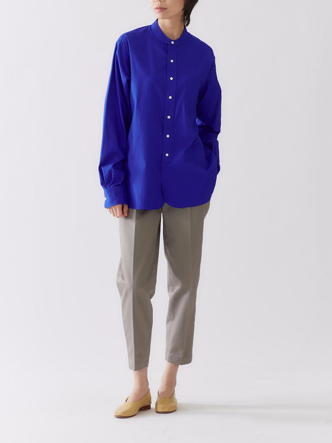 FINX Cotton Oxford Grandad Collar Shirt - Blue