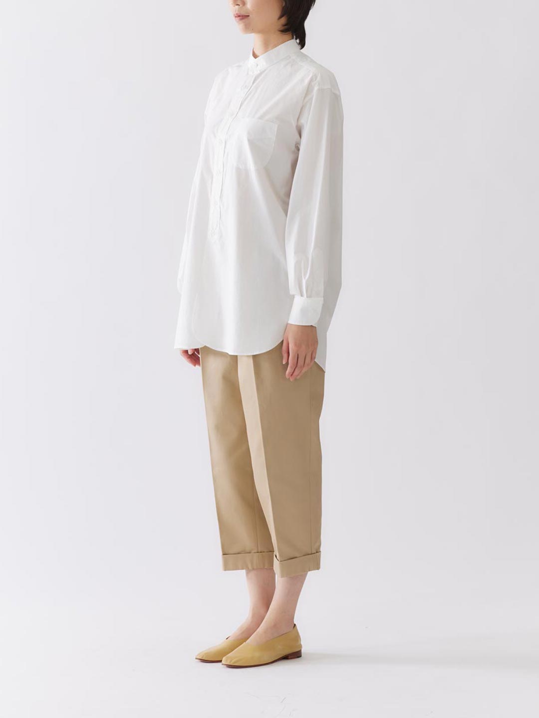 Washed Cotton Poplin Grandad Collar Shirt - Off White