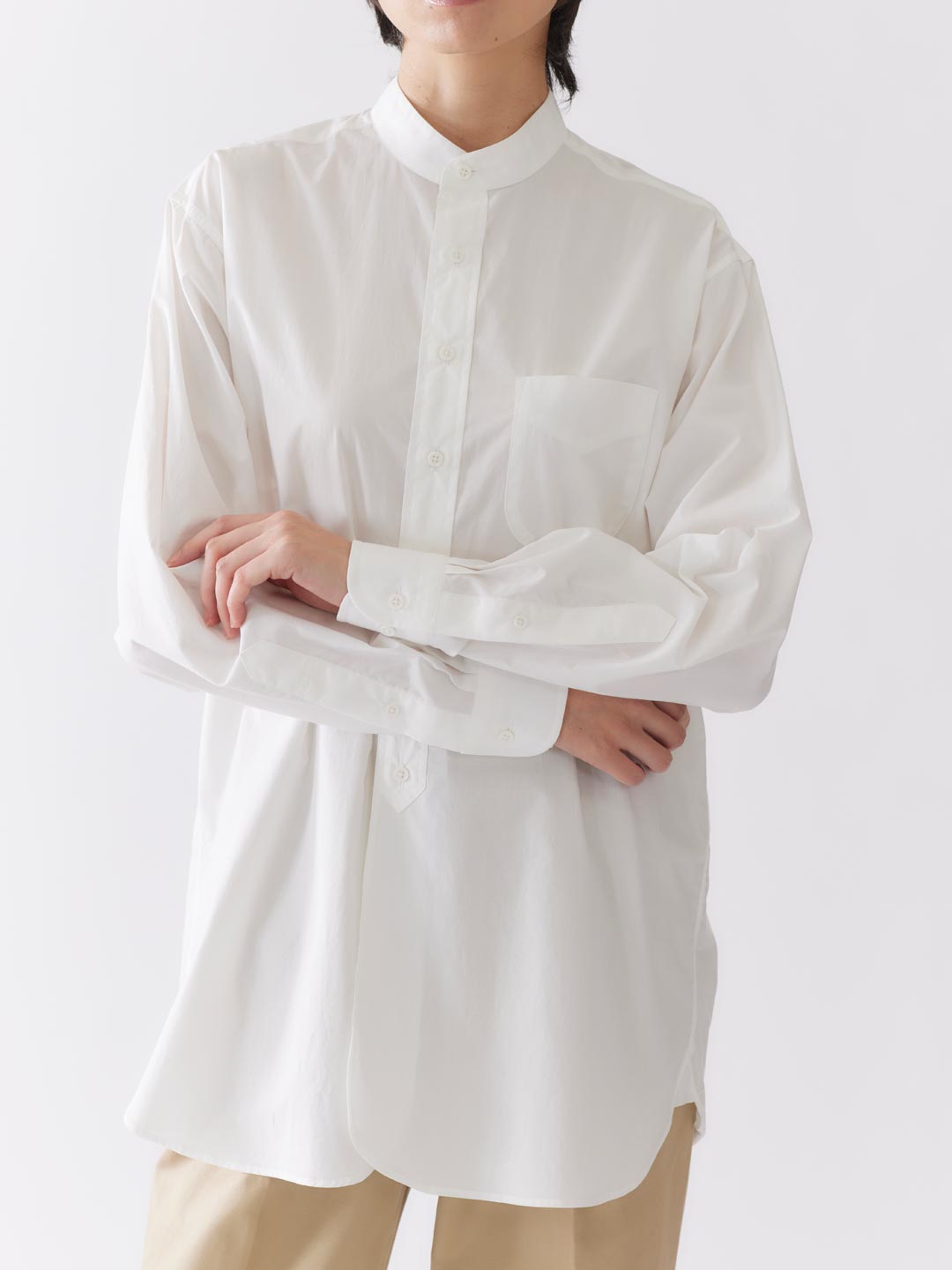 Washed Cotton Poplin Grandad Collar Shirt - Off White