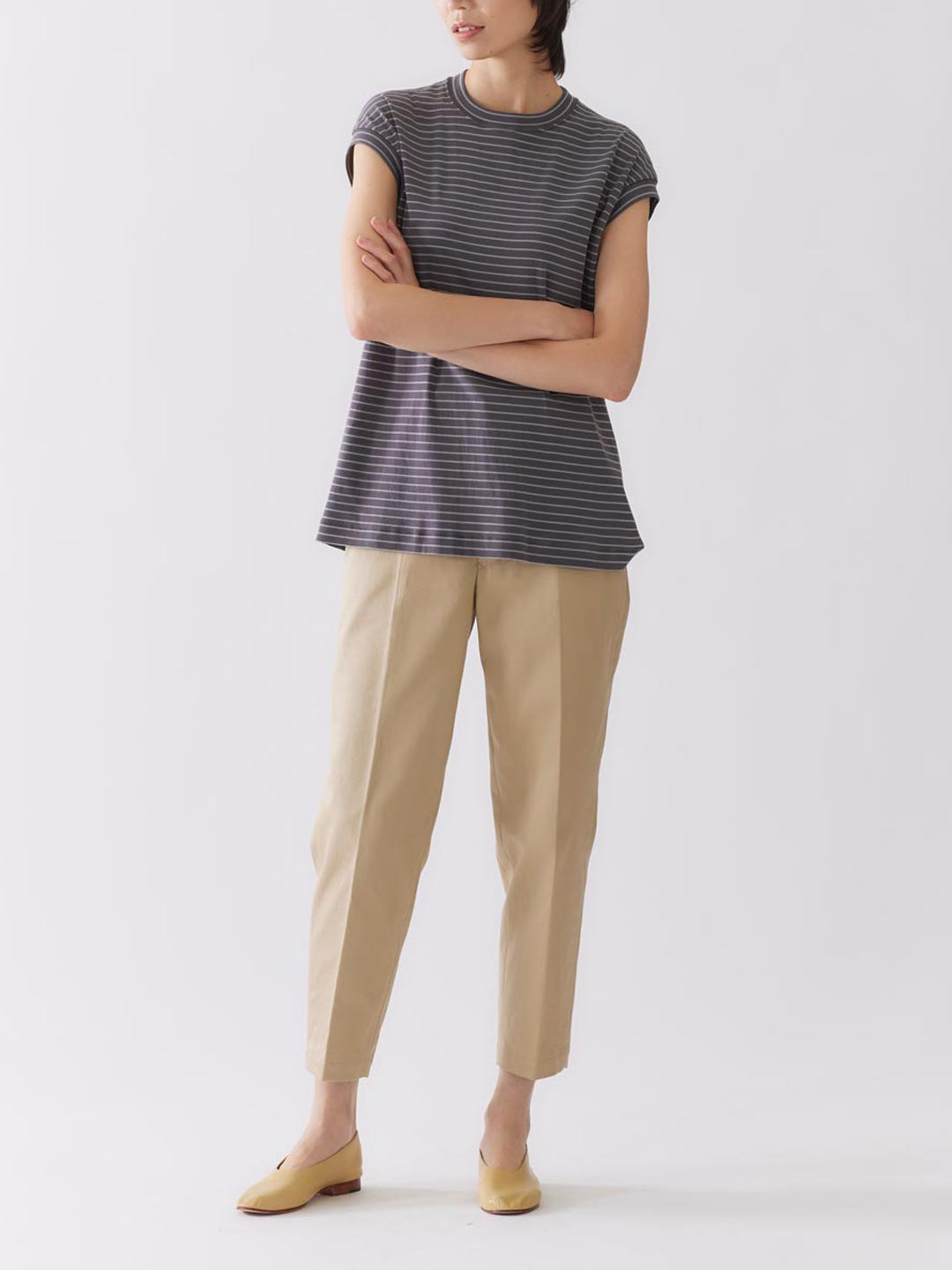 Striped Cotton French Sleeve T-Shirt - Dark Gray