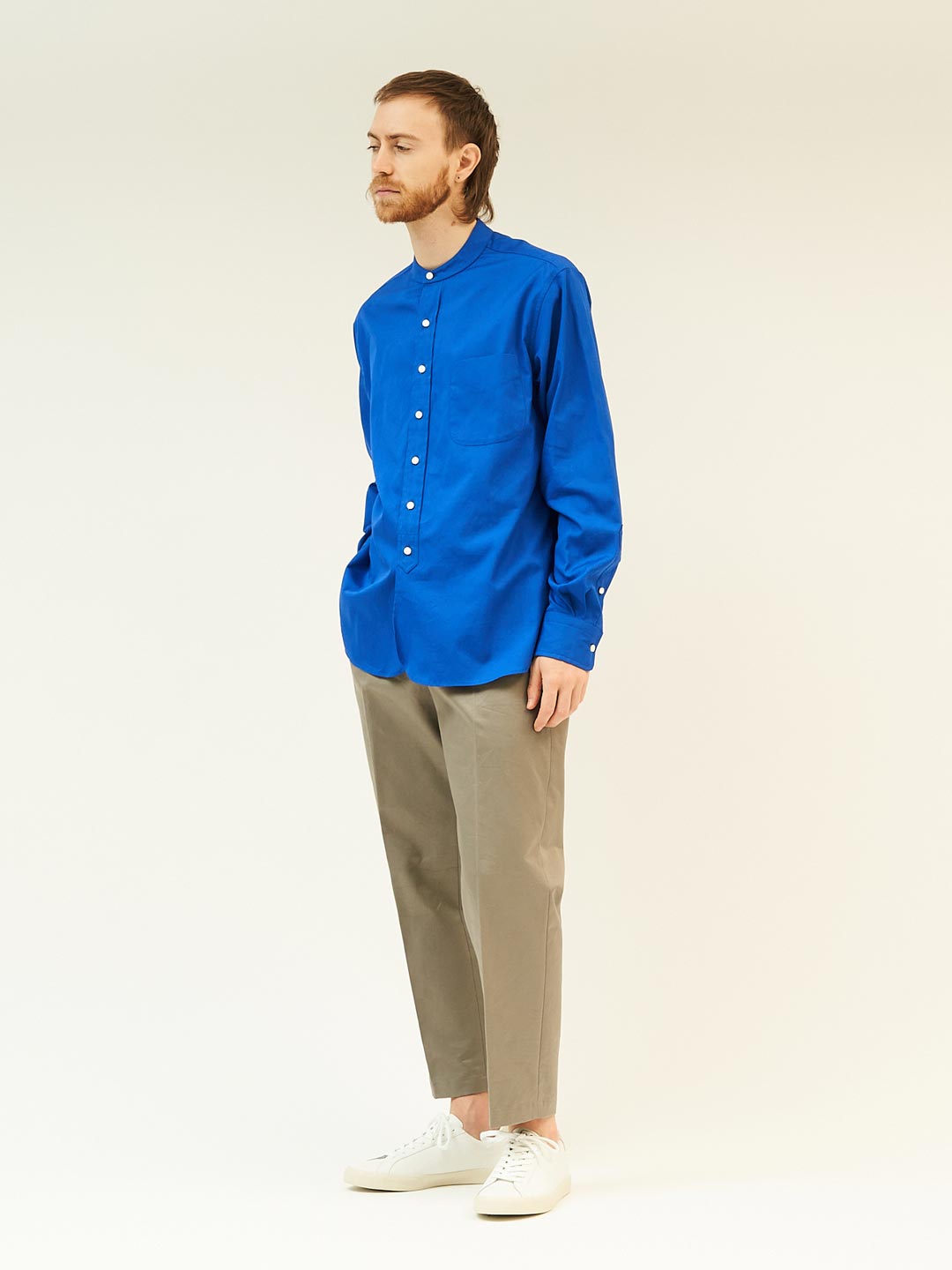 FINX Cotton Oxford Grandad Collar Shirt - Blue
