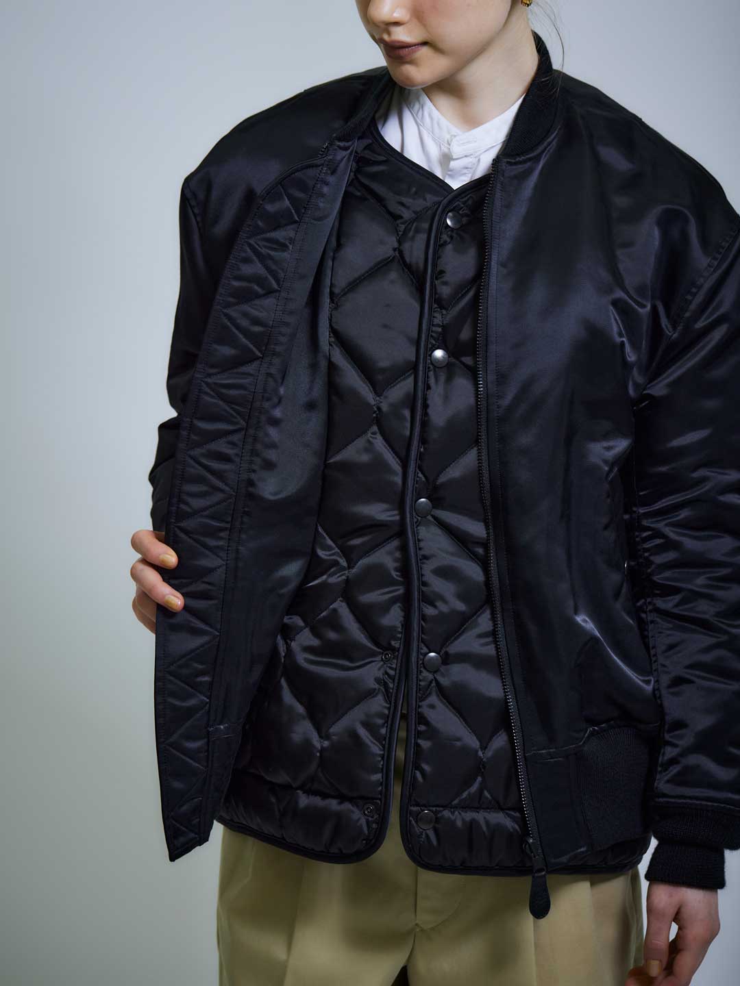 Nylon Cotton Twill Layered Bomber Jacket - Black