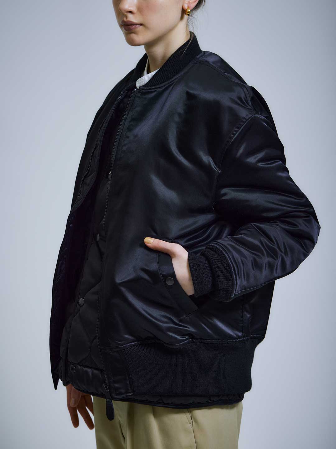 Nylon Cotton Twill Layered Bomber Jacket - Black