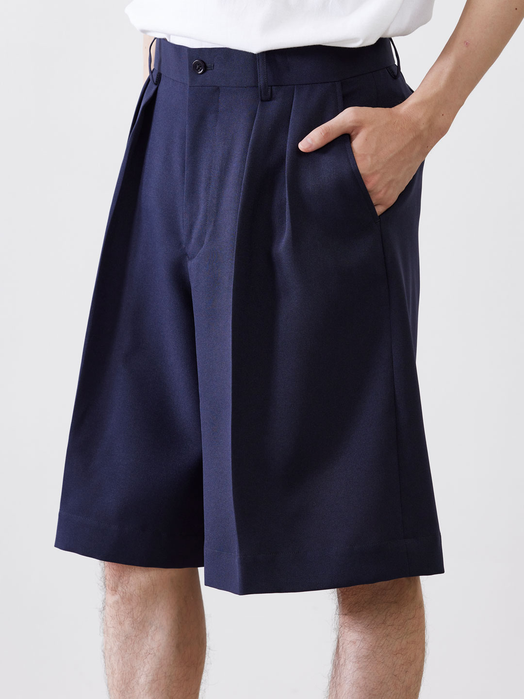 Polyester Pleated Shorts - Navy