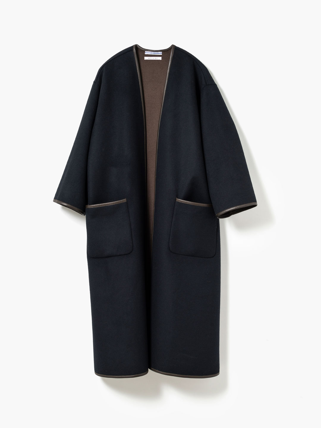 Collarless Reversible Coat With Leather Piping - Black