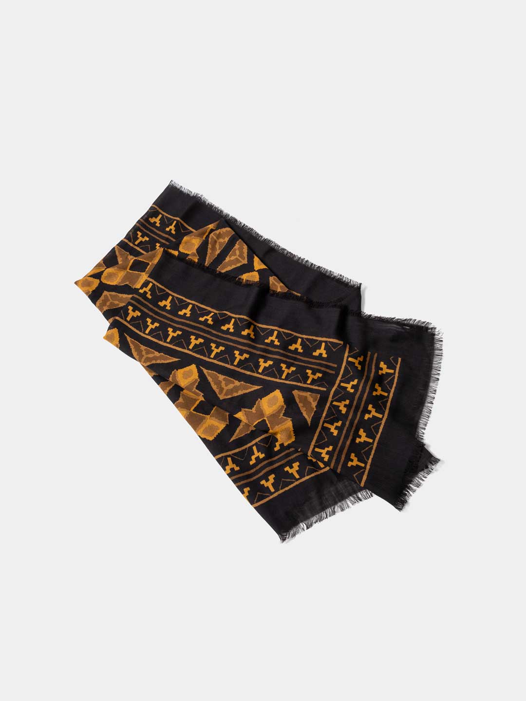 Printed Wool Shawl With Fringes  - Dark Brown