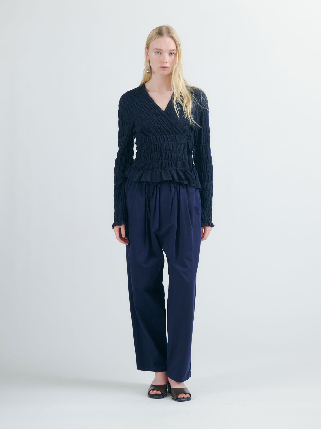 Double Pleated Wide Easy Pants - Navy