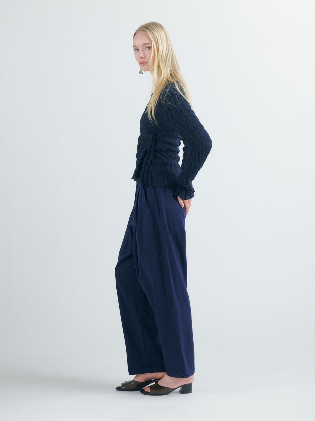 Double Pleated Wide Easy Pants - Navy