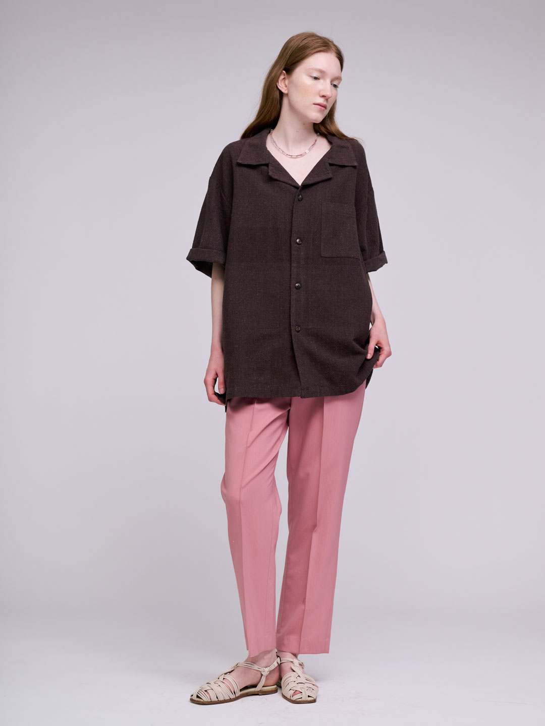 Handspun Hemp Open Collar Shirts - Brown