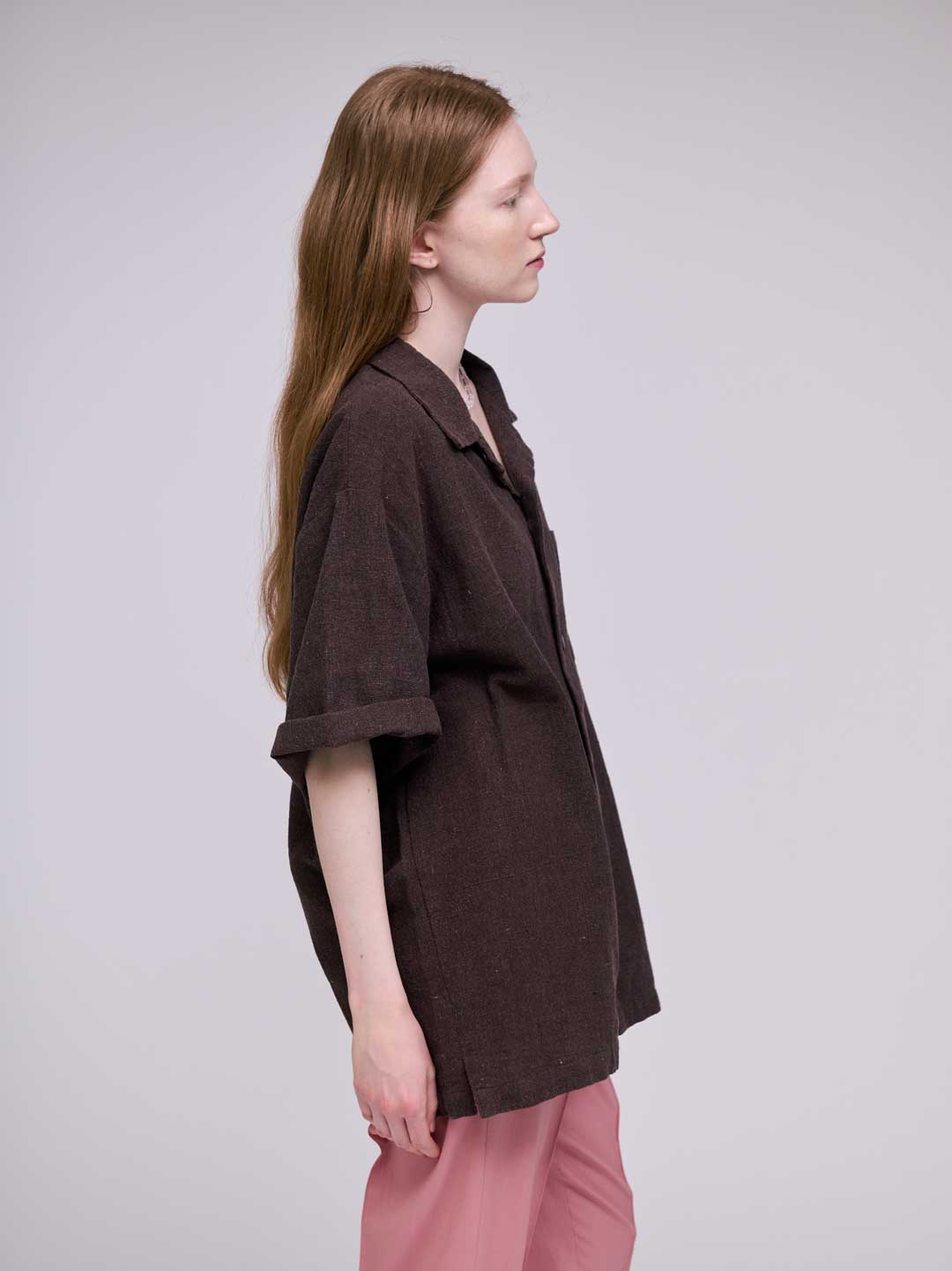 Handspun Hemp Open Collar Shirts - Brown