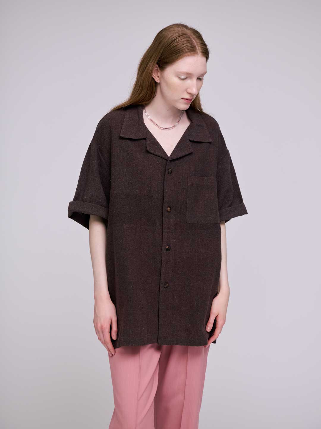 Handspun Hemp Open Collar Shirts - Brown