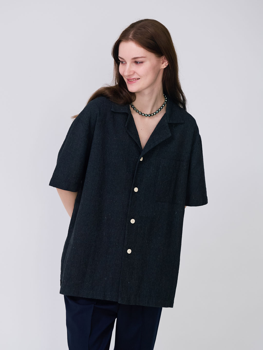 Handspun Hemp Open Collar Shirts - Black