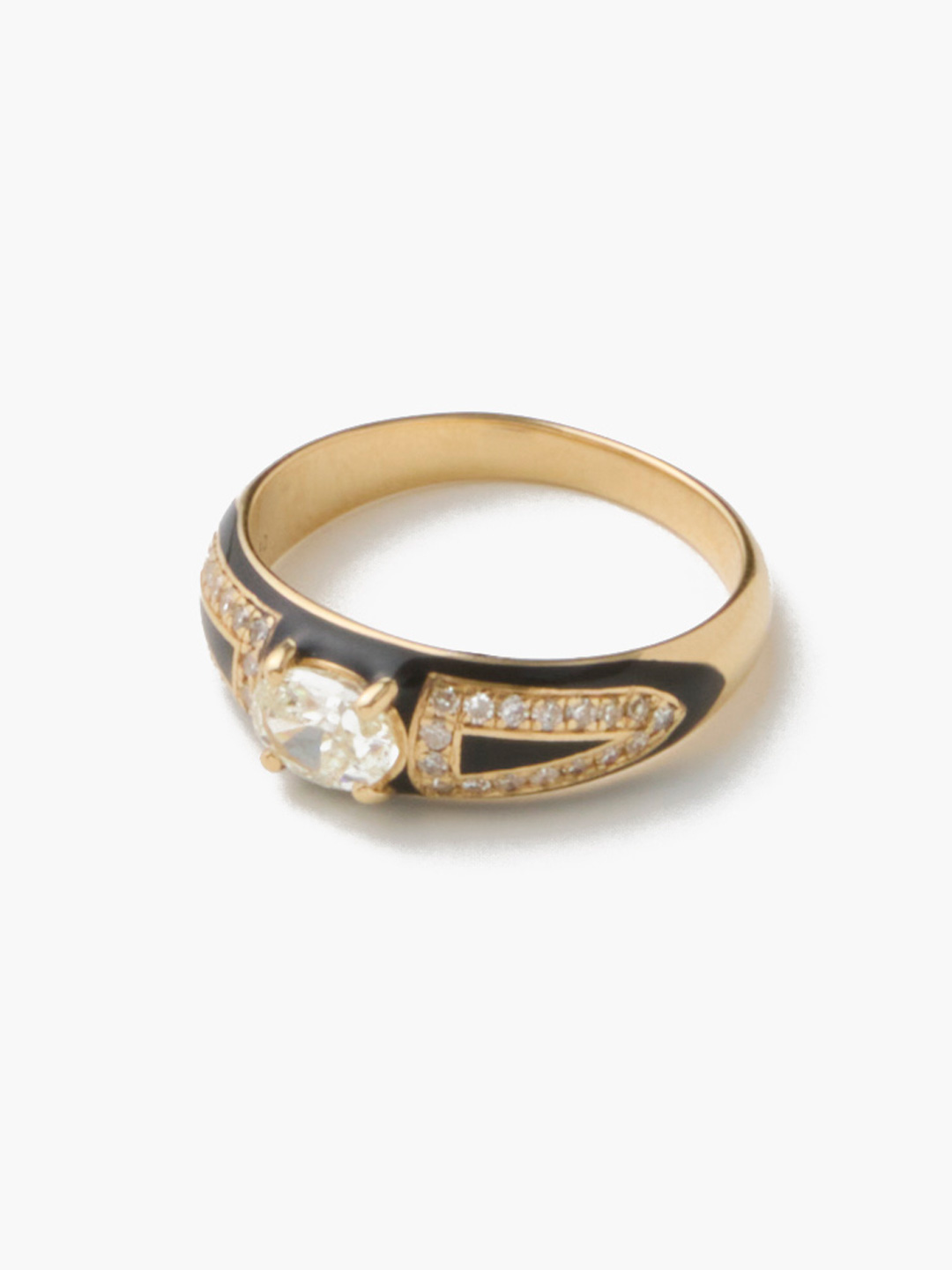 白露 K18 Oval Diamond And Pave With Enamel Pinky Ring 【gm023】 - Yellow Gold