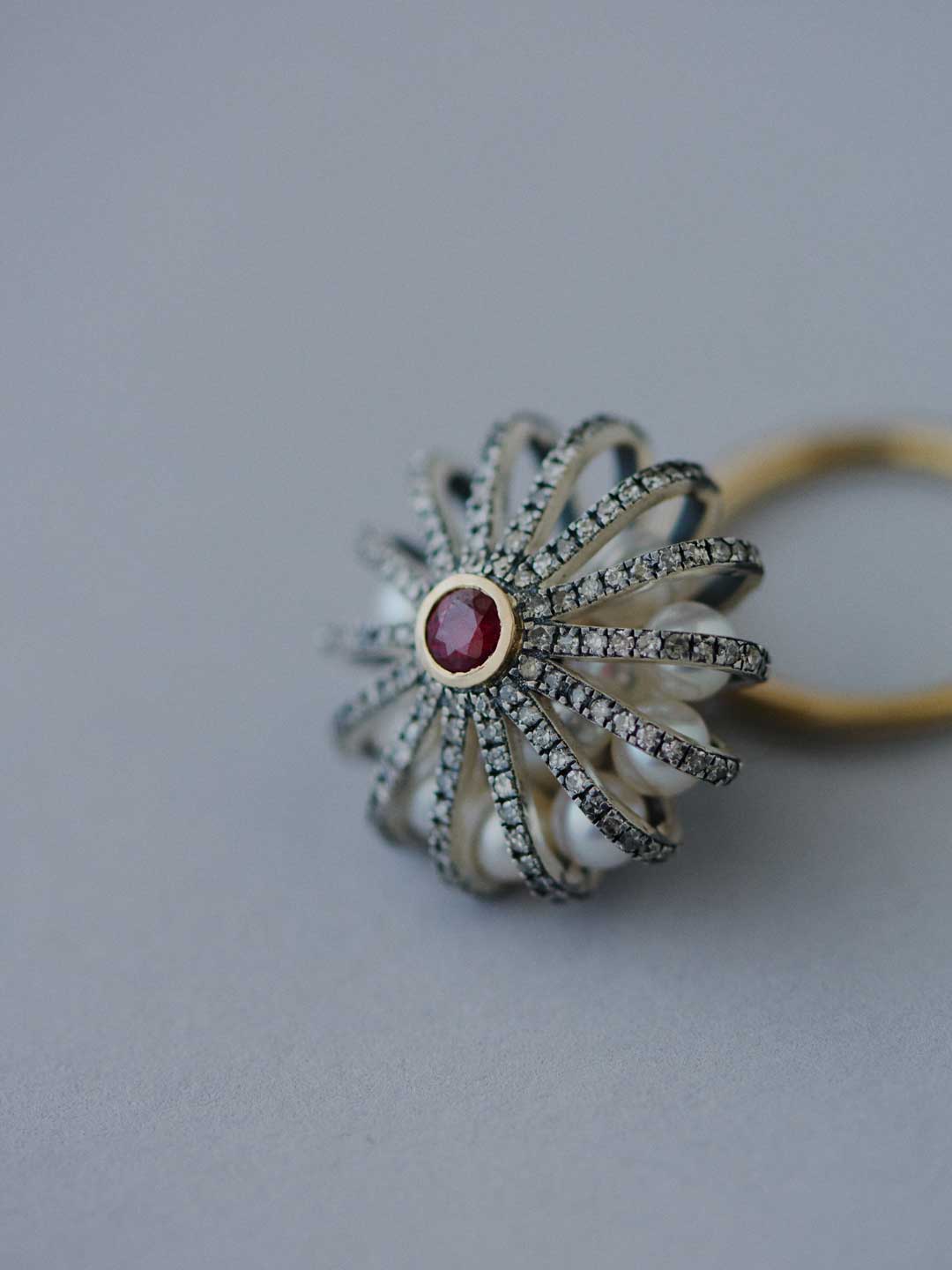 花提灯K18YG×Silver925 Pave Diamonds Lantern Ring - Multi