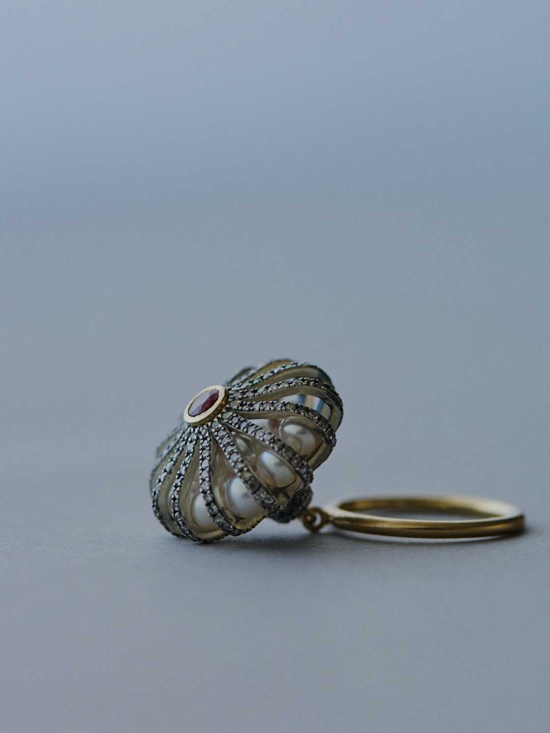 花提灯K18YG × Silver925 Pave Diamonds Lantern Ring 【lf011】 - Multi
