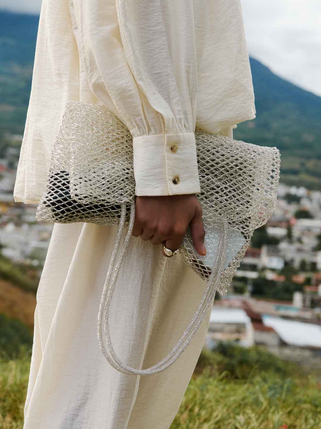 Handmade Beaded Tote Bag - Silver
