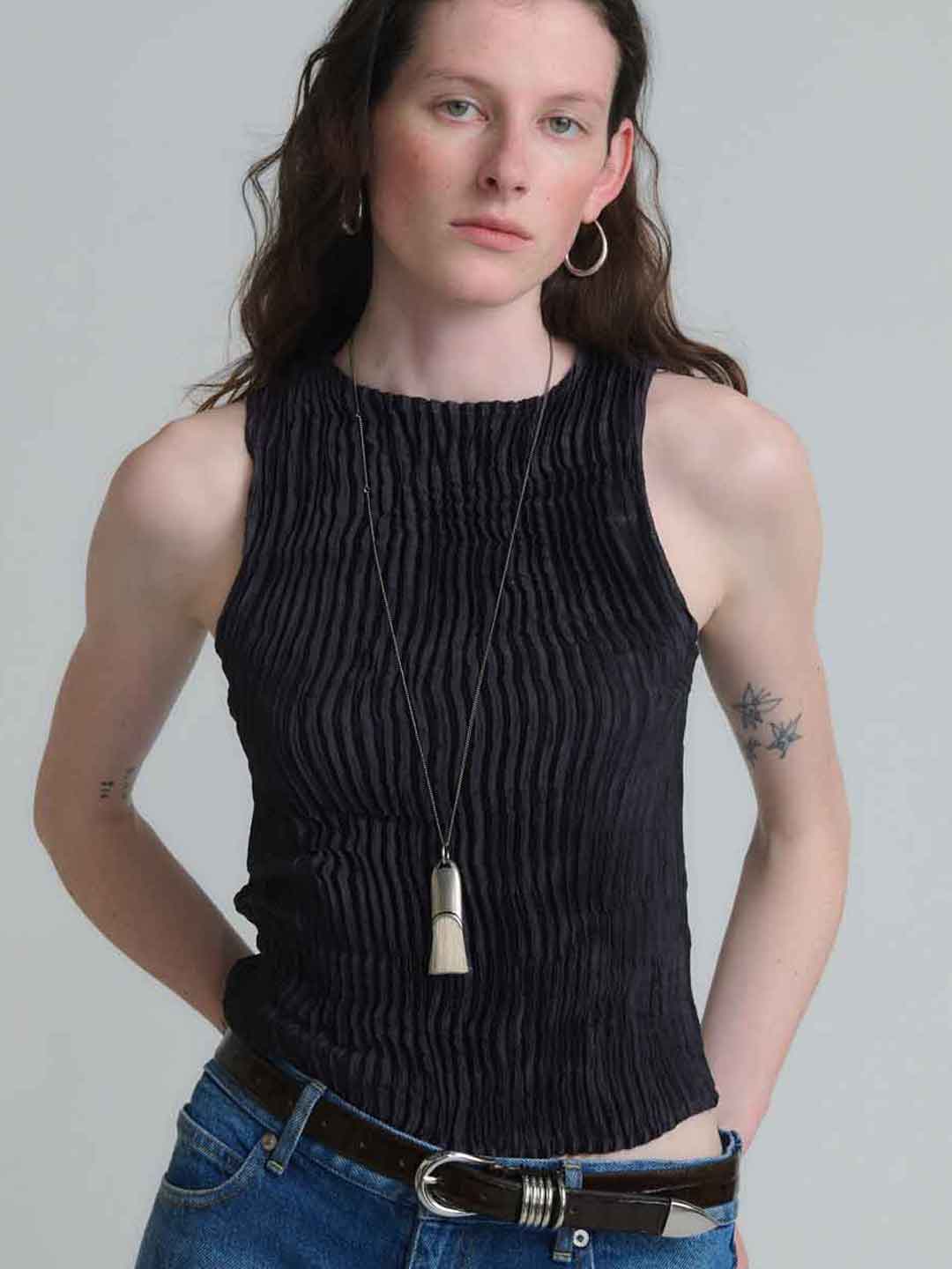 Plisse Satin Silk Tank Top - Charcoal