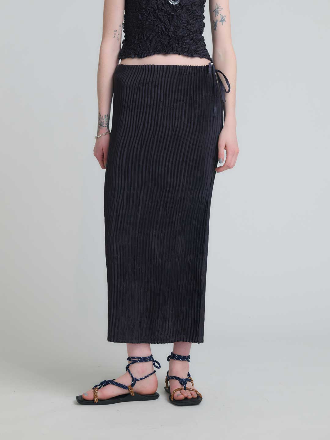 Plisse Satin Silk Long Skirt - Charcoal