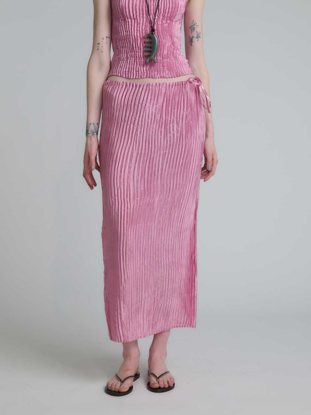 Plisse Satin Silk Long Skirt - Pink