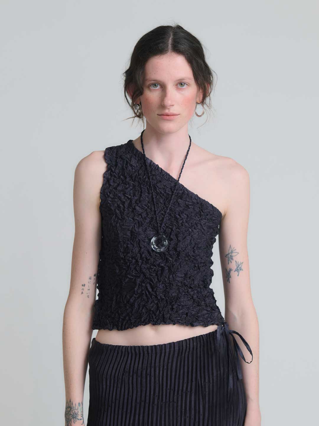 Crumbled Silk One-shoulder Top - Charcoal