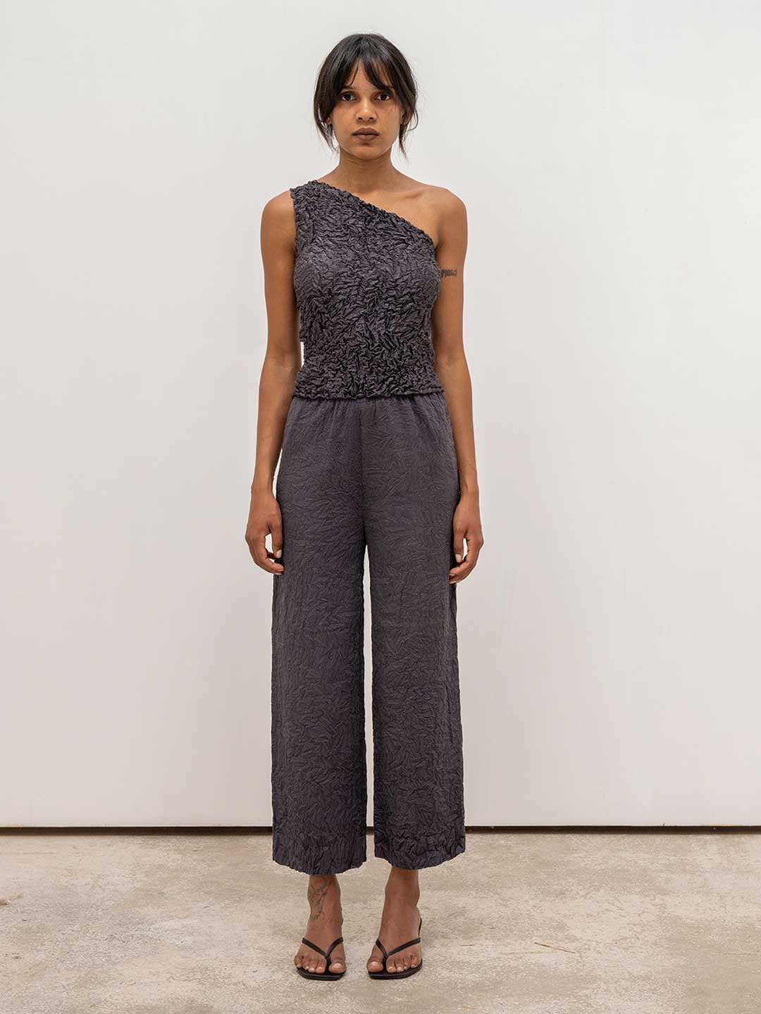 Crumbled Silk One-shoulder Top - Charcoal