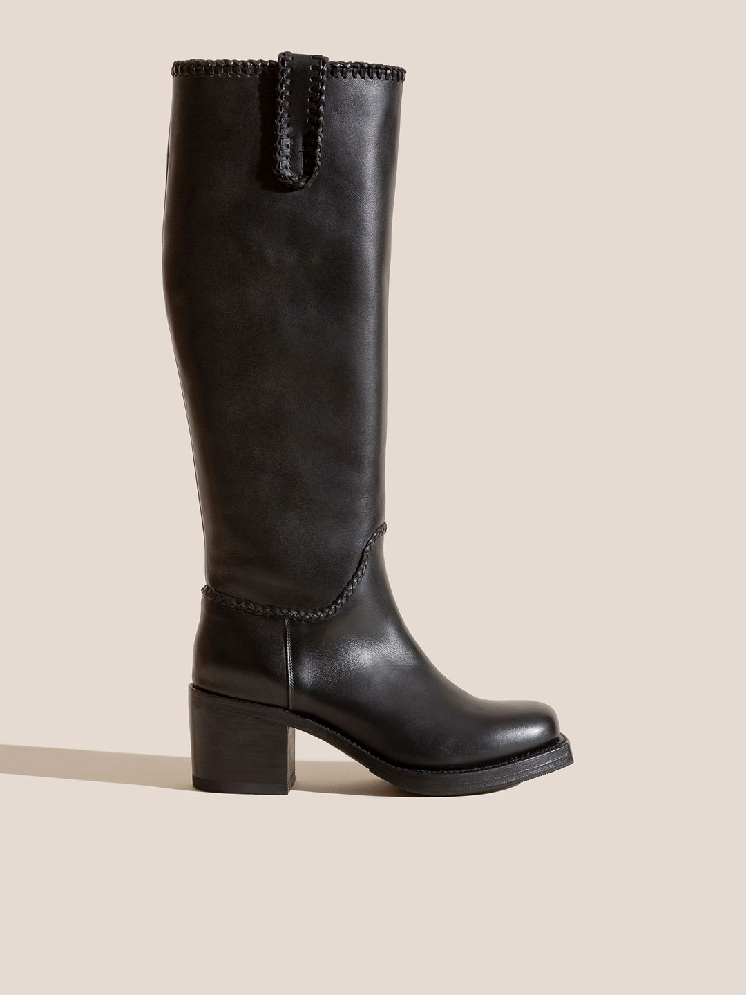 CALOBRA - Heeled Square-Toe Braided Detail Knee-High Boot - Black