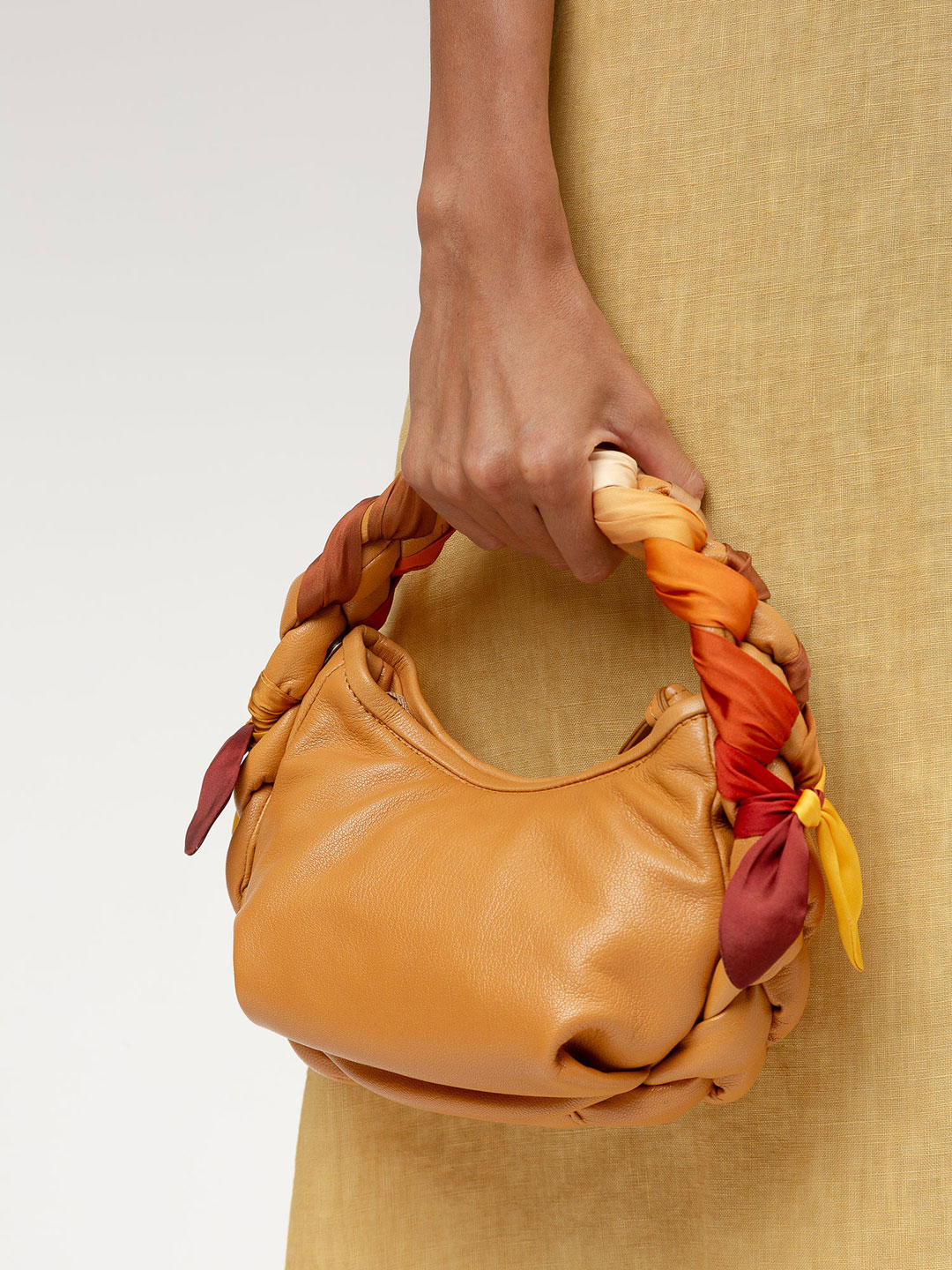 ESPIGA MINI FOULARD - Plaited Padded-detail Shoulder Bag - Camel