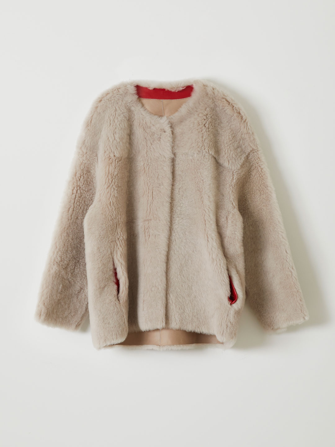 CASHMERE TOUCH LAMBSKIN ROUND NECK JACKET - Beige