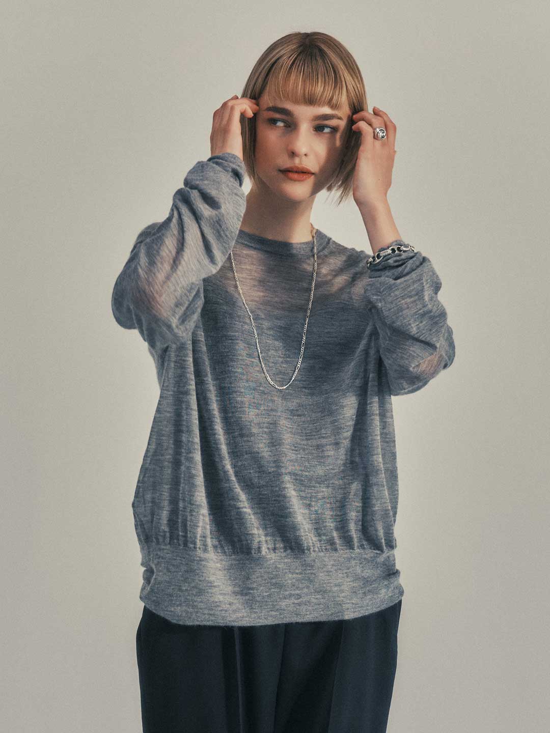 POSTELEGANT ポステレガント　ダークグレー ゴムウエスト スラックス POSTELEGANT(ポステレガント) | ウール トラウザーズ - ネイビー