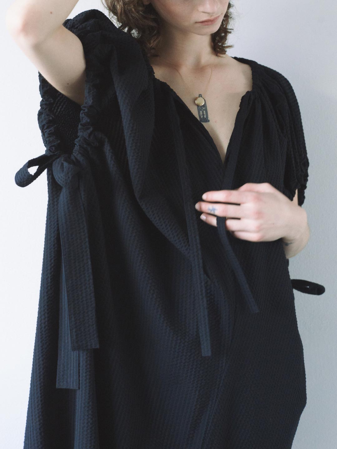Cotton Silk Seersucker Dress - Black