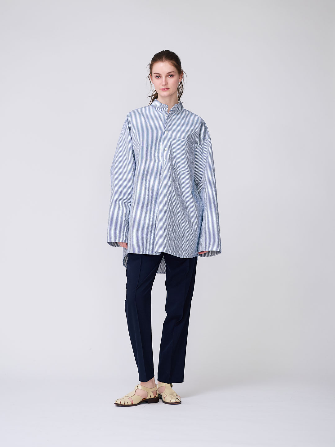 Cotton Silk Sucker Rever Pull-Over Top - Blue