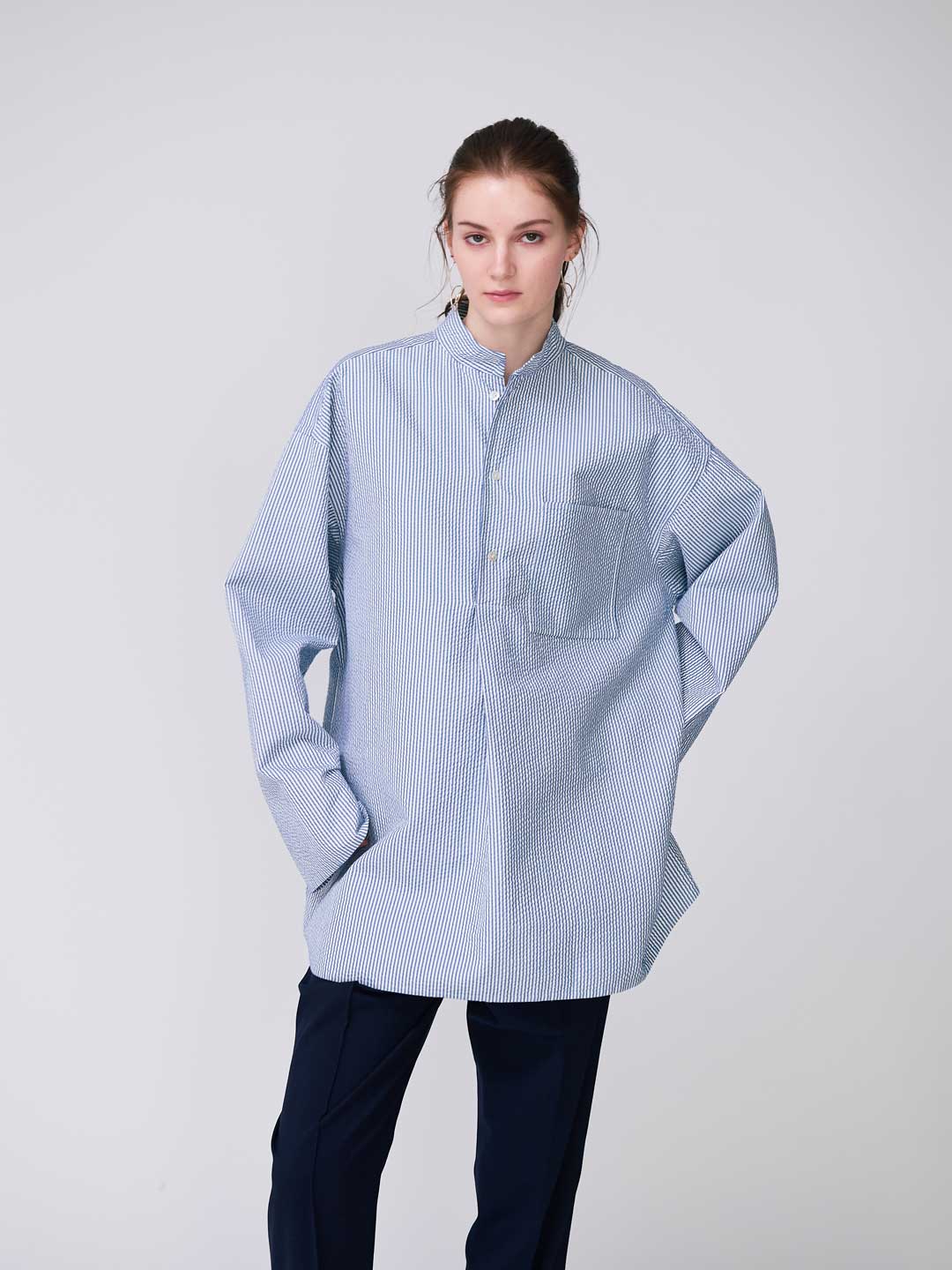 Cotton Silk Sucker Rever Pull-Over Top - Blue