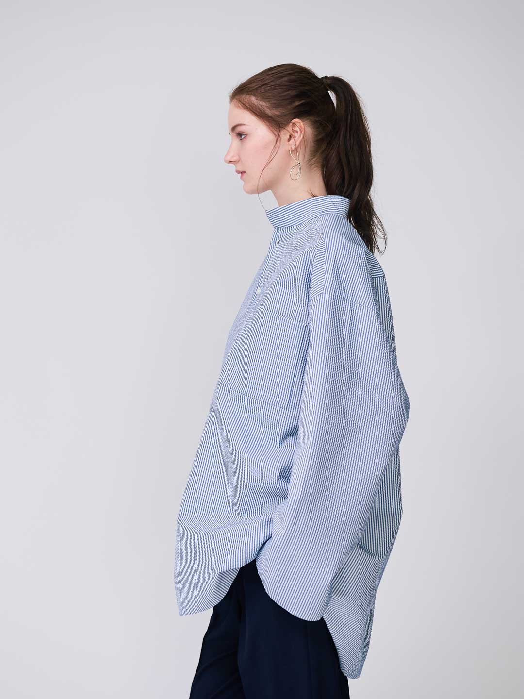Cotton Silk Sucker Rever Pull-Over Top - Blue