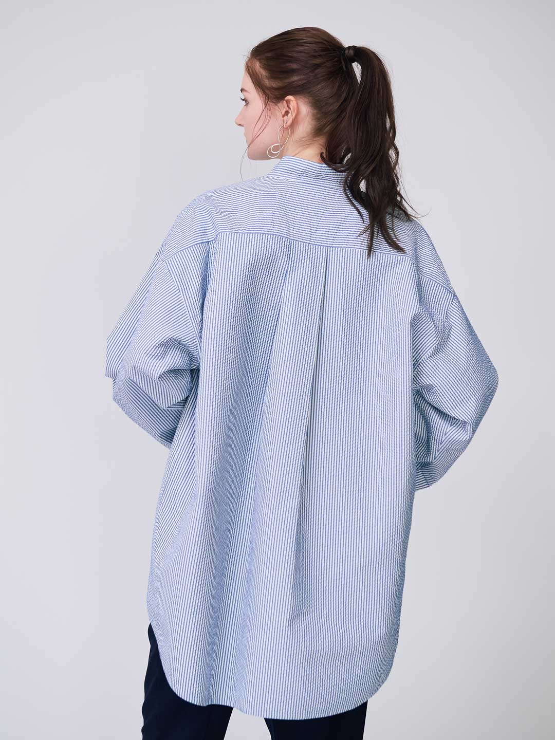 Cotton Silk Sucker Rever Pull-Over Top - Blue