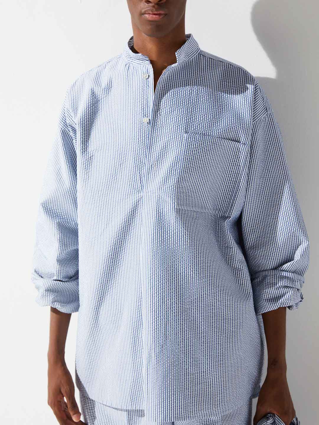 Cotton Silk Sucker Rever Pull-Over Top - Blue