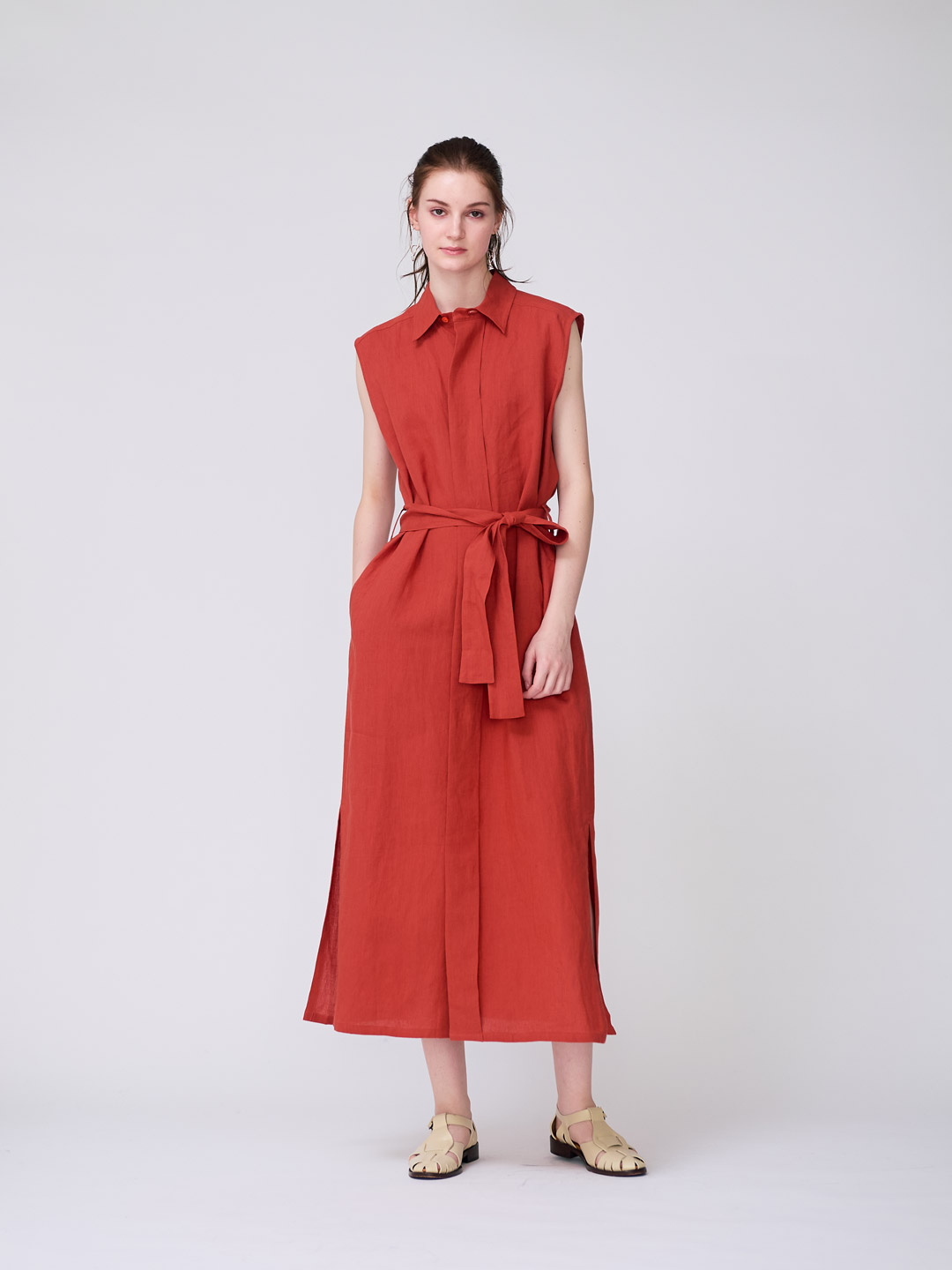 Linen Washi Paper No-Sleeve Dress - Orange