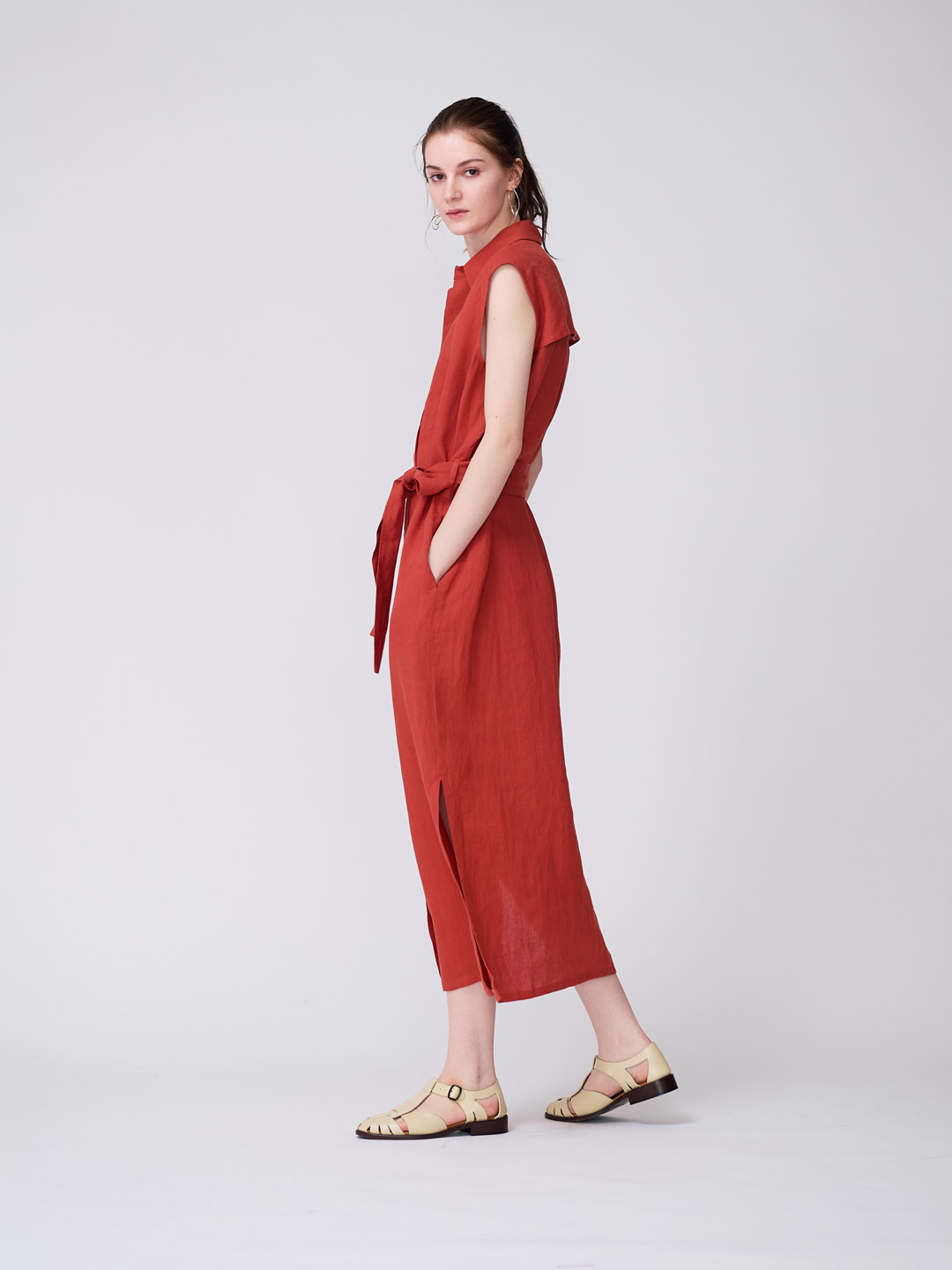 Linen Washi Paper No-Sleeve Dress - Orange