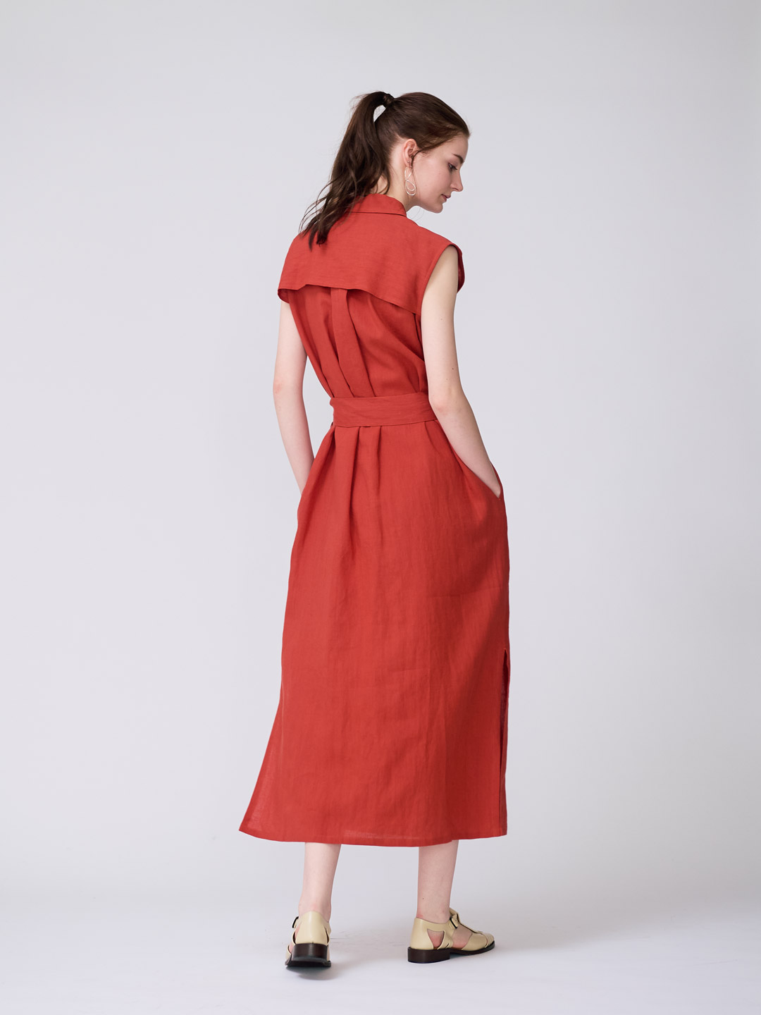 Linen Washi Paper No-Sleeve Dress - Orange