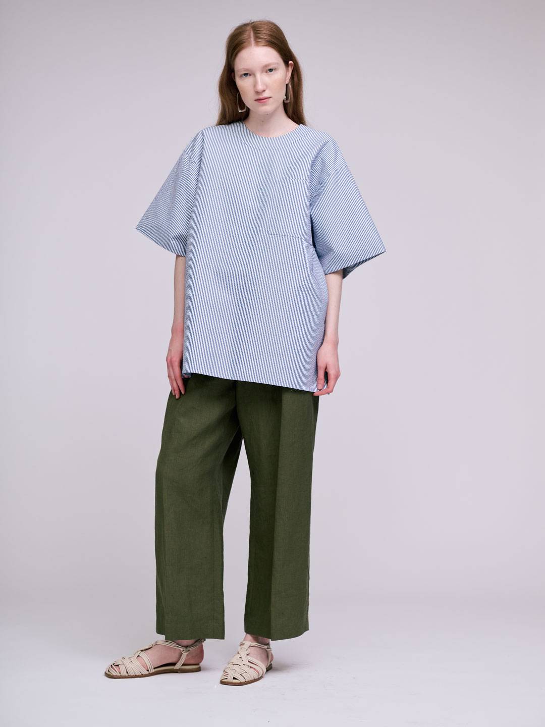 Cotton Silk Sucker Rever Short Sleeve Top - Blue