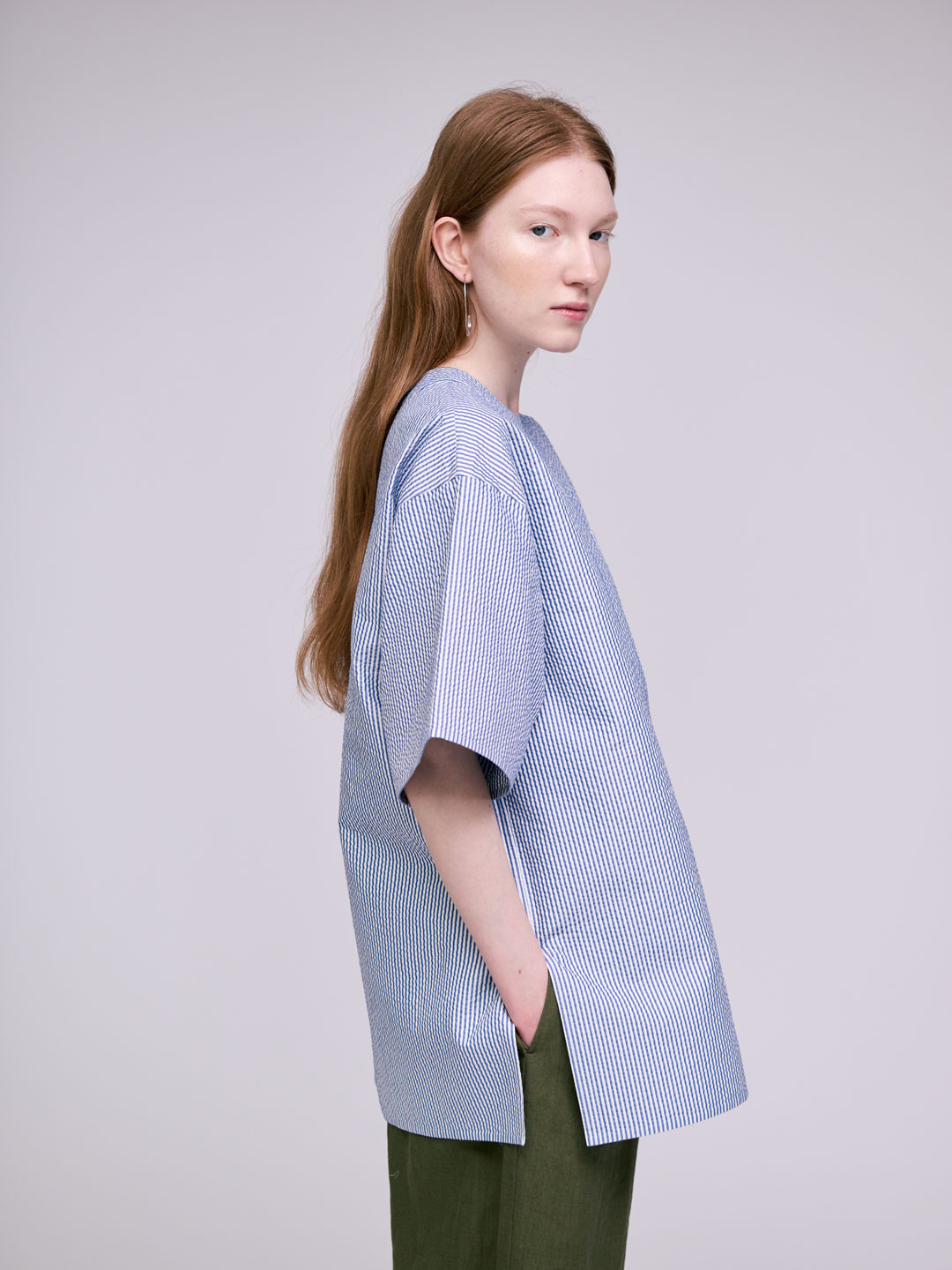 Cotton Silk Sucker Rever Short Sleeve Top - Blue