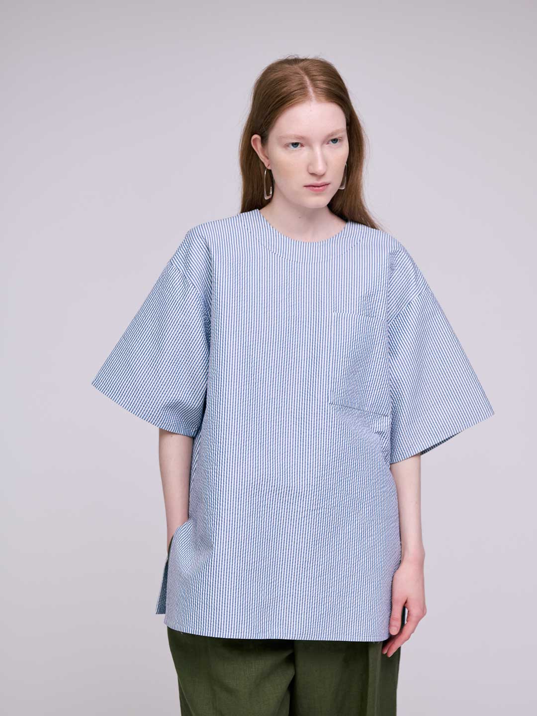 Cotton Silk Sucker Rever Short Sleeve Top - Blue