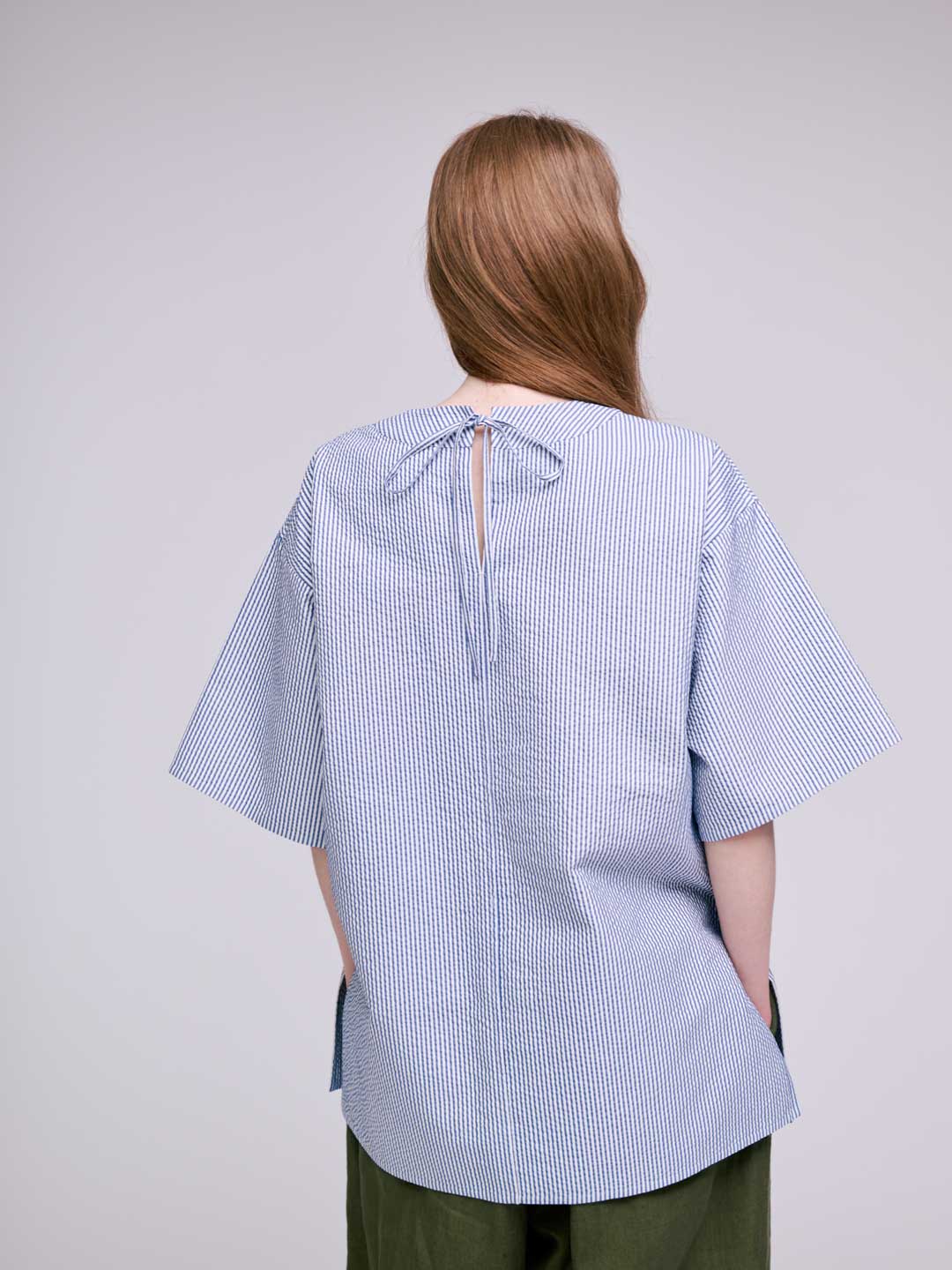 Cotton Silk Sucker Rever Short Sleeve Top - Blue