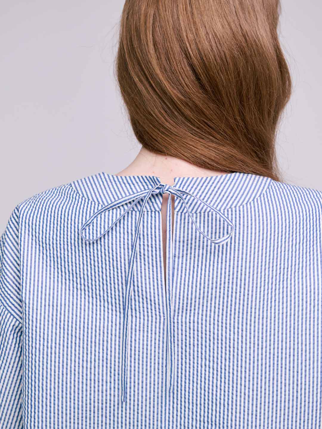 Cotton Silk Sucker Rever Short Sleeve Top - Blue