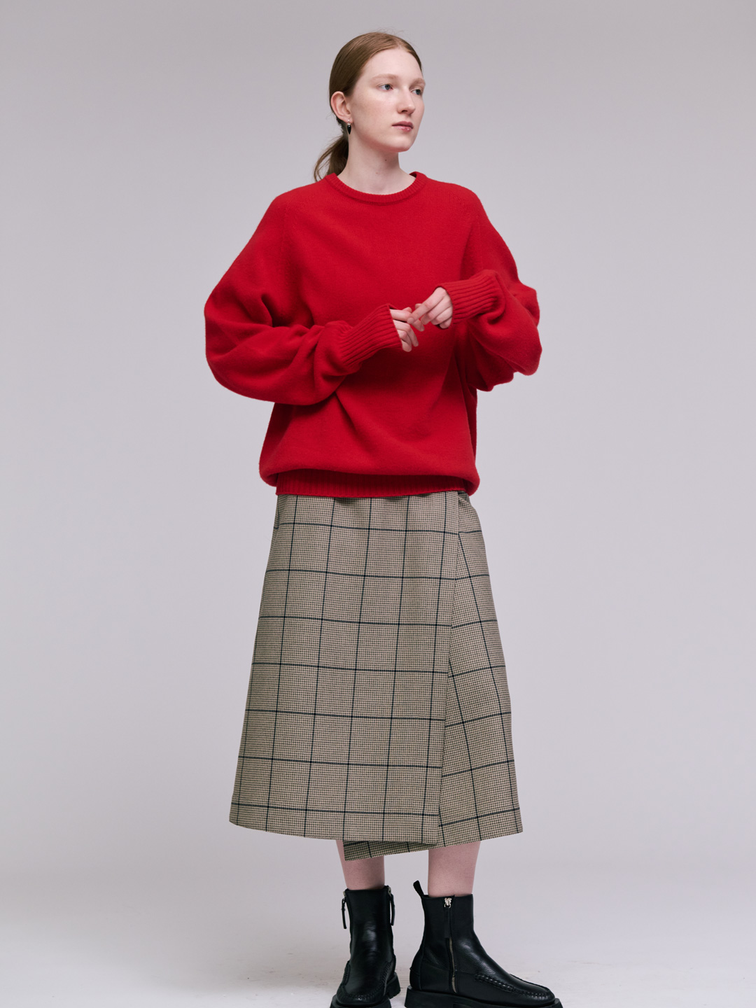 Wool Wrap Skirt-Beige Check
