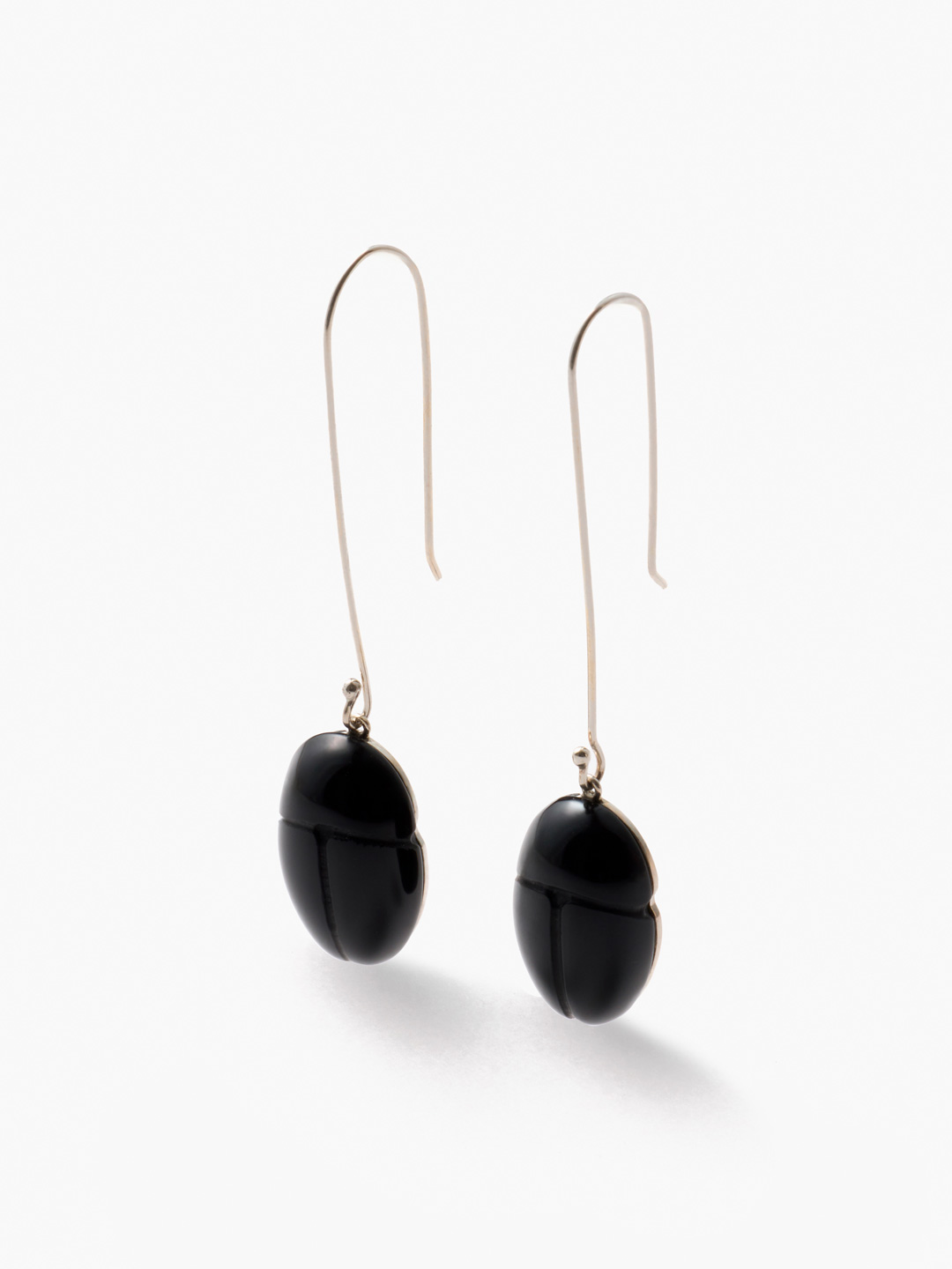 Scarab Drop Pierced Earrings Onyx - Silver